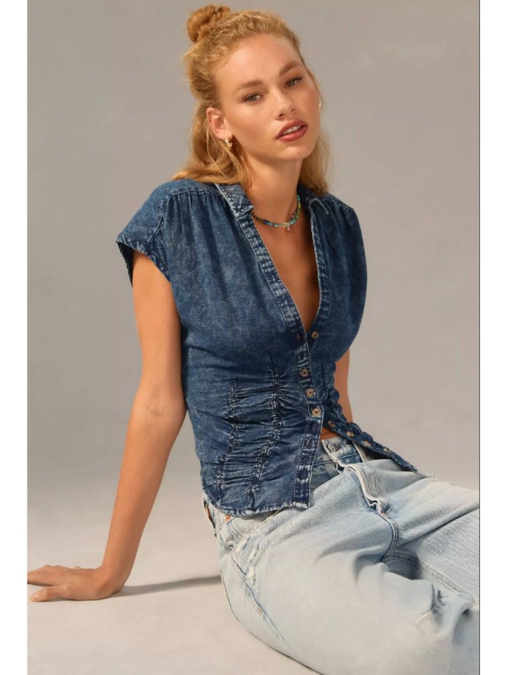 Pilcro Anthropologie Dark Wash Denim Cotton V-neck Button Down Cap Sleeve Top - Picture 7 of 7